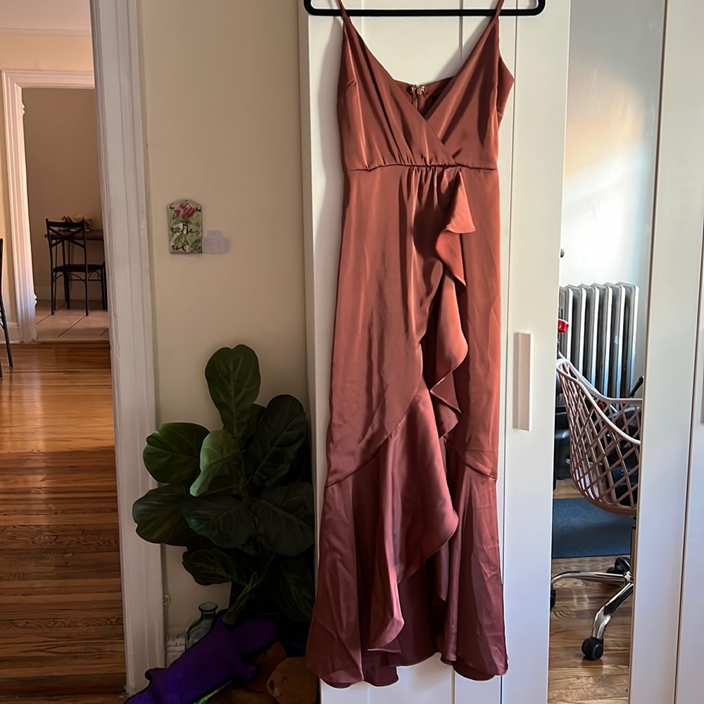 Satin Sleeveless Ruffled Slit Dress